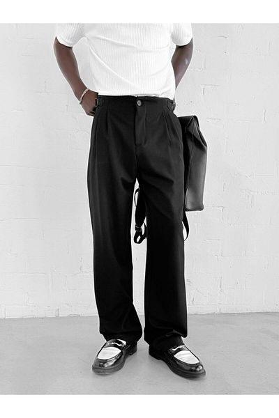 ablukaonline Men's Baggy High Waist Buckle Detailed Comfortable Fit Trousers Black