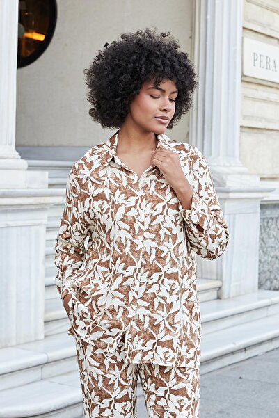 Jument Women's Patterned Voile Collar Off Shoulder Long Sleeve Loose Shirt-Brown Floral