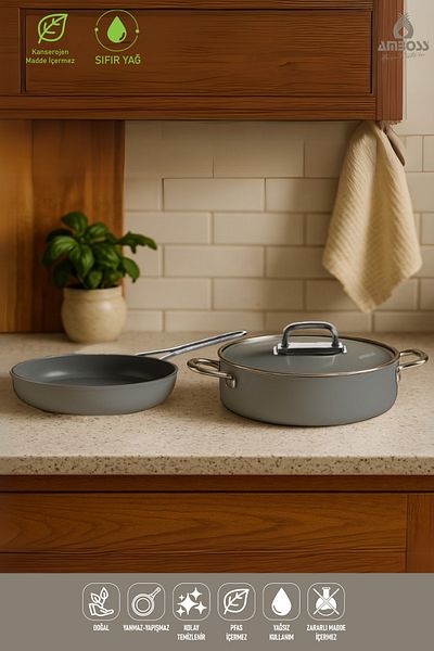 Amboss 3 Piece Greenhouse Practical Fireproof Non-Stick Ceramic Oblate Pot Pan Set 26 cm – Gray