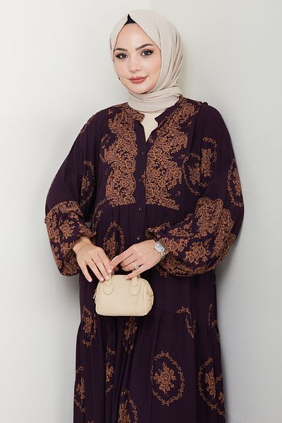 InStyle Gold Ethnic Pattern Purple Viscose Dress