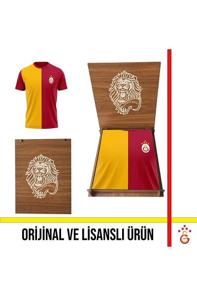 Galatasaray تي شيرت مخصص للبالغين مرخص بخمس نجوم أصفر وأحمر هدية أسد مع صندوق خشبي