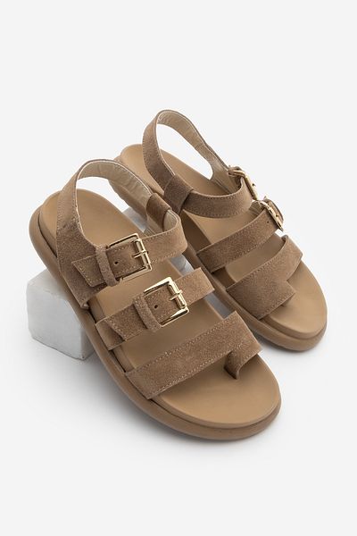 Marjin Women's Genuine Leather Strappy Flip Flops Daily Sandals Dezit Camel Suede