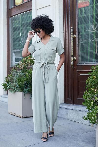 Jument Women's Silky Modal Fabric Collar Pocket Flap Front Zipper Elastic Waist Short Sleeve Wide Leg Jumpsuit-Outdoor