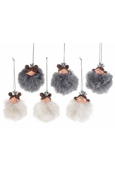 Decorer Set 6 Christmas Tree Ornaments Polyresin & Textile White Gray Angels Ø 7x8 cm