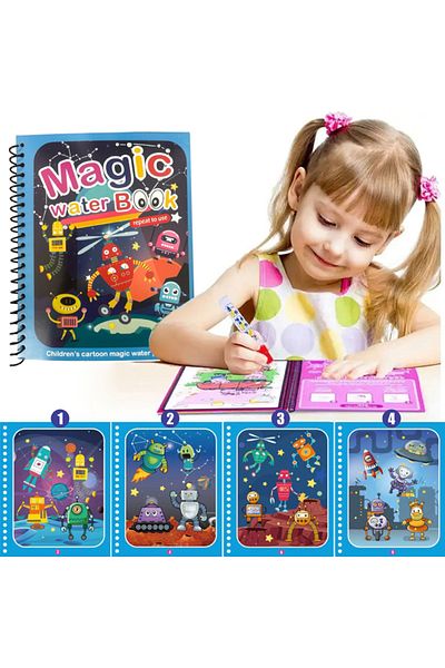Linomag Carte de colorat cu apă magică, Linomag®, Roboți în spațiu, Reutilizabilă, Pentru copii 3+