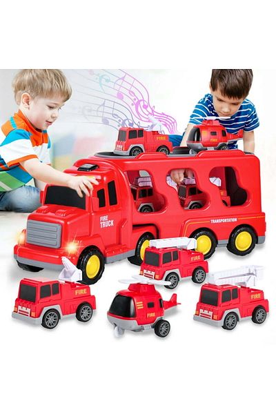 Yelajoy 5 in 1 Fire Car Truck Toys, With Carrier Vehicle and 4 Cars, Light and Sound, Gift for Kids 3+