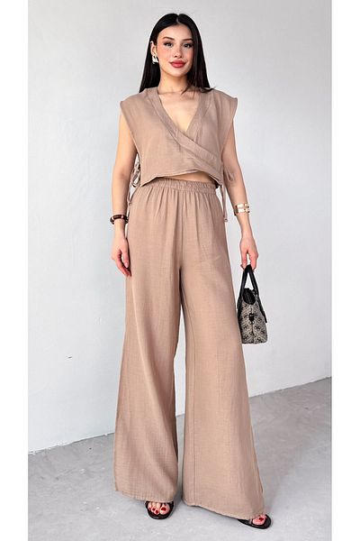 Cappmoda Tkm-13273 Mink Side Tie Double Breasted Collar Blouse Slit Trousers Double Suit