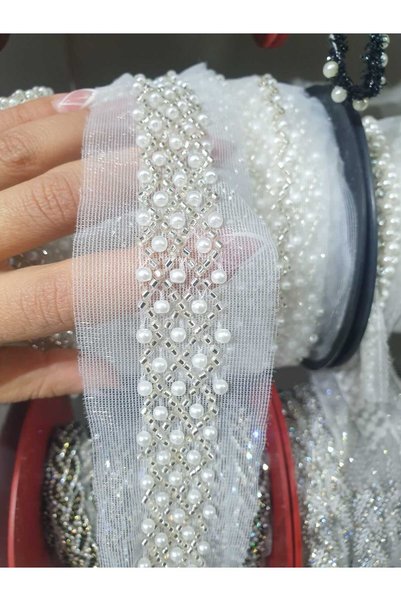 ESRA ŞELEM White Tulle Piping Pearl Beaded Decorative Ribbon Applique Sewing Accessory Hobby
