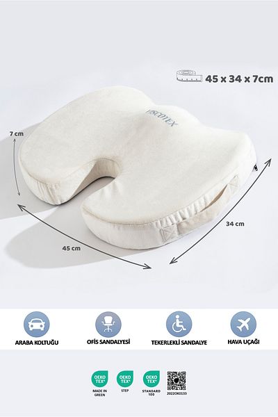 VİSCOTEX Visco Orthopedic, Non-Slip Base, Office, Car, Coccyx Sitting Cushion, 45X34X7Cm
