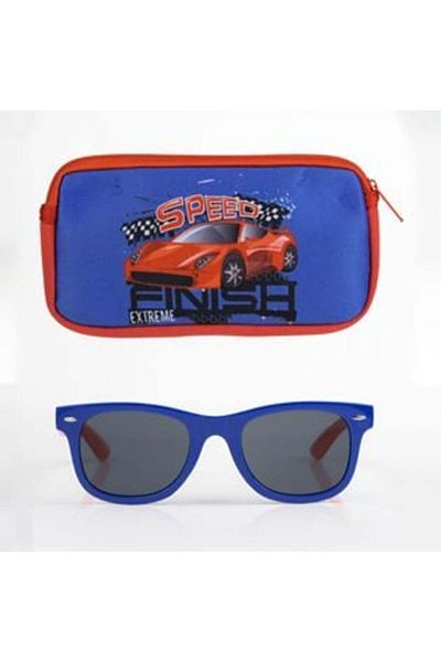 OEM Set Ochelari de Soare cu Rama Albastra Rosie & Husa Argintie cu Model Masini pentru Copii