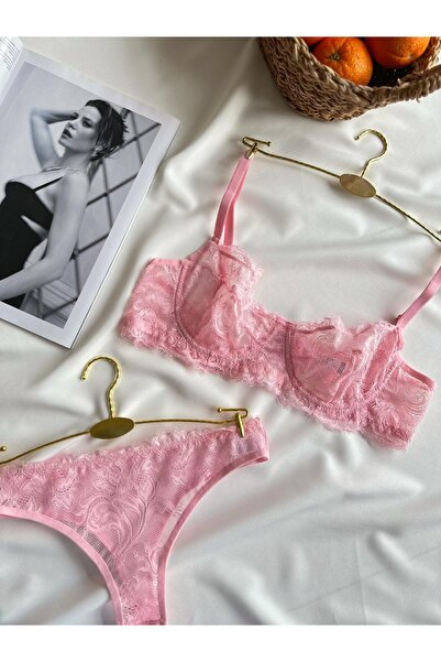 İNKO İÇ GİYİM Σετ στρινγκ σουτιέν χωρίς κάλυμμα με ροζ δαντέλα