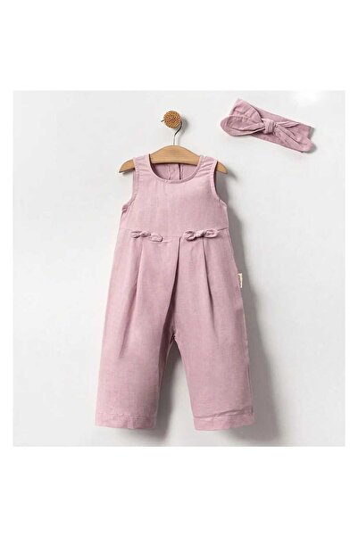 popshops baby Kız Çocuk Keten Kumaş Pileli Salaş Kesim Bandanalı Tulum