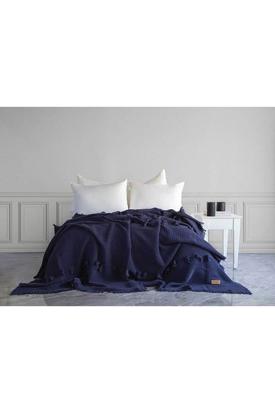 Dantela Plume Pompom Bedspread - Navy Blue