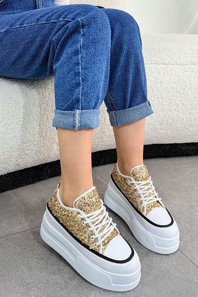 Mamito Ayakkabı Frm 028 High Sole Lace-Up Sneakers with Sequin Detail