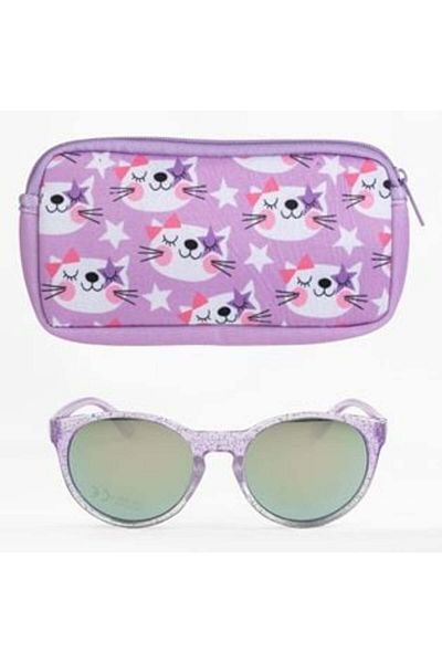 OEM Set ochelari de soare cu ramă liliac cu sclipici și husă liliac cu model de pisică pentru copii