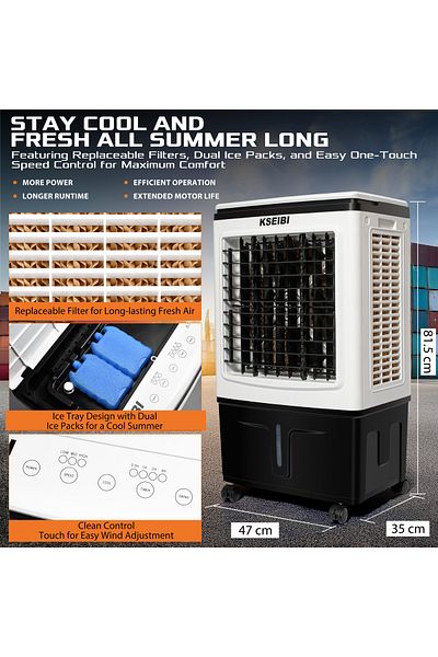 kseibi 30L Air Cooler – 100W Powerful Cooling, 3-Speed Fan with Remote, Extra-Large Tank