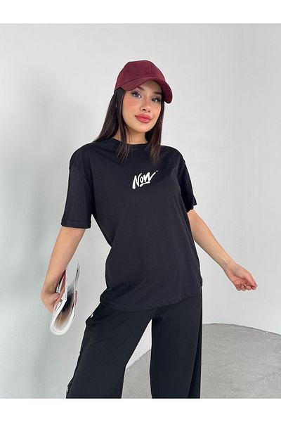 Cappmoda T-928 Black Now Text Embossed Printed Cotton Casual T-Shirt