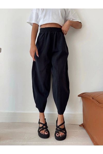 Tommes Butik Elastic Waist Gabardine Fabric Shalwar Trousers Black