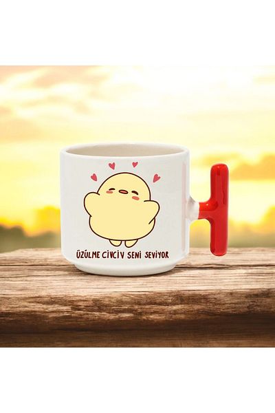 BB TRADE Don'T Be Sad Chick Designed Red T-Handle Ceramic Printed Mug 250 ml