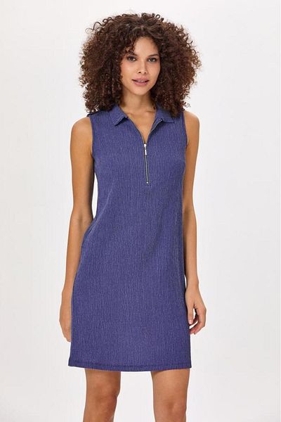 İKİLER Polo Neck Shoulder Epaulettes Front Zipper Dress 025-2523