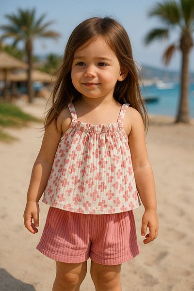 TinyAlp Summer Natural Muslin Fabric Girl's Set with Strap and Shorts