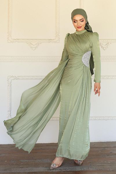 Olcay Yoryo Silk Hijab Evening Dress with Stone on the Waist and Drawstring Detail Çağla 1233