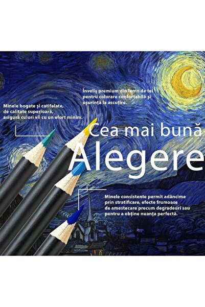 QuTek Set tematic de 24 de creioane colorate in cutie de tabla, cu tutorial, culori inspirate de Van Gogh