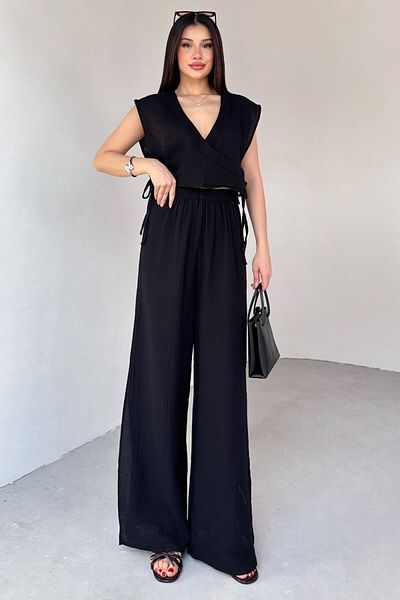 Cappmoda Tkm-13273 Black Side Tie Double Breasted Collar Blouse Slit Pants Double Suit