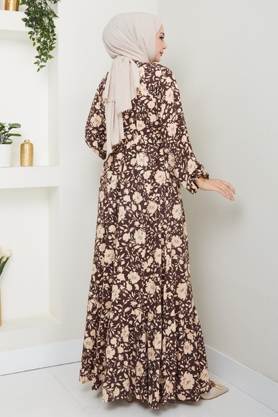 InStyle Кафява вискозна рокля с флорален мотив в сянка