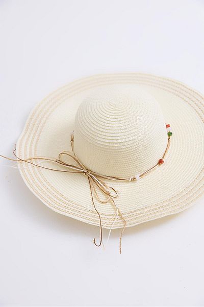 Raneel Kazançlı Alışveriş Bow Detailed Striped Straw Beach Pool Hat Cream