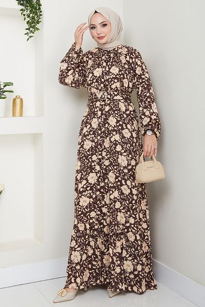 InStyle Shadow Flower Pattern Brown Viscose Dress