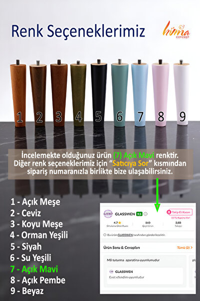 GLASWEN 8 bucăți picioare din lemn 15 cm albastru deschis cu dispozitive de fixare cu șuruburi M8 pentru mobilier scaun canapea picior de susținere