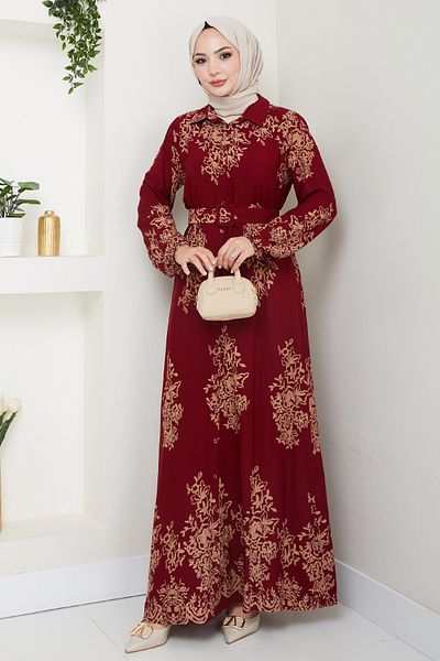 InStyle Sequined Pattern Shirt Collar Red Viscose Dress