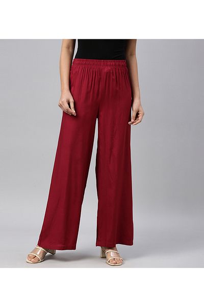 Go Colors Women's Solid Bright Red Woven Viscose Mid Rise Basic Palazzos