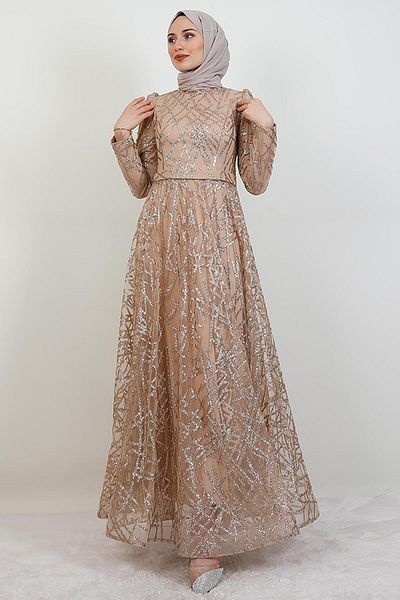 giz astore Cansu Glitter Evening Dress Sütlükkahve