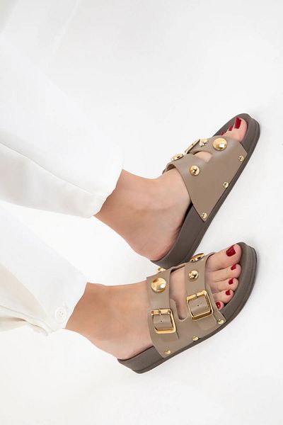 NOVİNS Women's Double Buckle Mounted Lightweight Pad Sole Slippers Summer Slippers