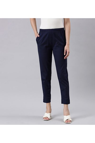 Go Colors Women's Solid Navy Cotton Pencil Pant