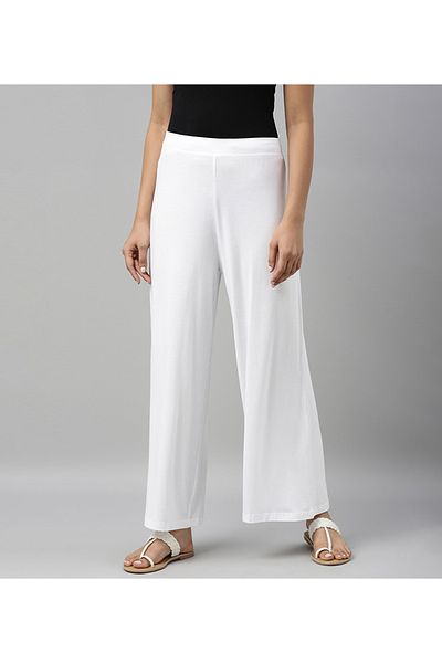 Go Colors Women's Solid White Viscose Mid Rise Knit Palazzos