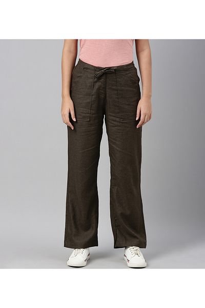 Go Colors Women's Solid Olive Green Linen Cargo Pant