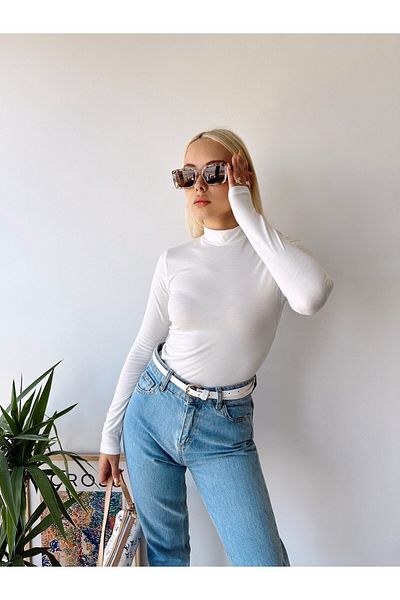 Bonne Maison Women's White High Collar Long Sleeve Viscose Blouse