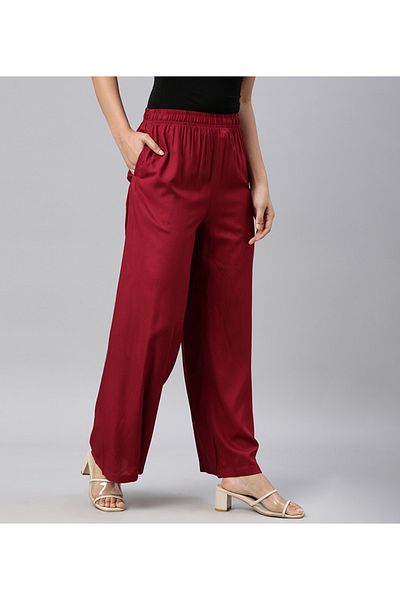 Go Colors Women's Solid Bright Red Woven Viscose Mid Rise Basic Palazzos