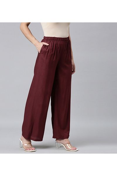 Go Colors Women's Maroon Solid Viscose Knit Mid Rise Palazzos