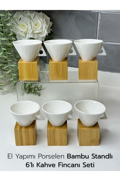 ARVALE Set of 6 Porcelain Coffee Cups with Bamboo Stand |   Modern Design