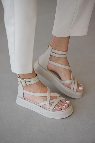 selinshoes Pony Front Cross Detailed Ankle Buckle Women's Sandals - Ecru Leather