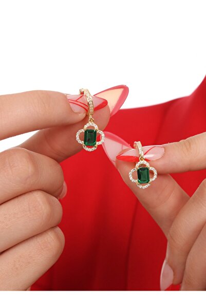 LİNOVE JEWELLERY Zümrüt Yonca Gümüş Küpe, 925 Ayar Gümüş Baget Küpe, Yeşil Ta...