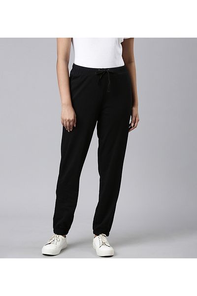 Go Colors Women's Solid Black Mid Rise Cotton Casual Joggers