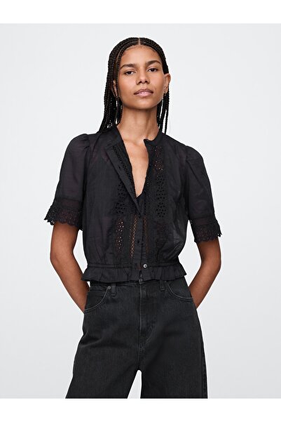 GAP Kadın Siyah Dantel İşlemeli Balon Kol Gömlek