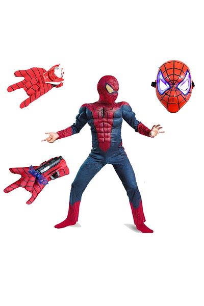 Depox Spiderman costume set with muscles, 2 launchers and LED plastic mask, red, 3-5 years, 100-110 cm