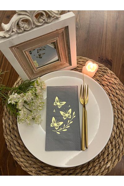 kidspartim Gold Gilded Gray Butterfly Leaf Detailed Napkin 16 Pieces
