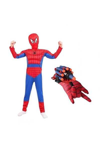 Depox Ultimate SpiderMan muscle suit and launcher glove set with 7 sponge suction cups, 3-5 years, red